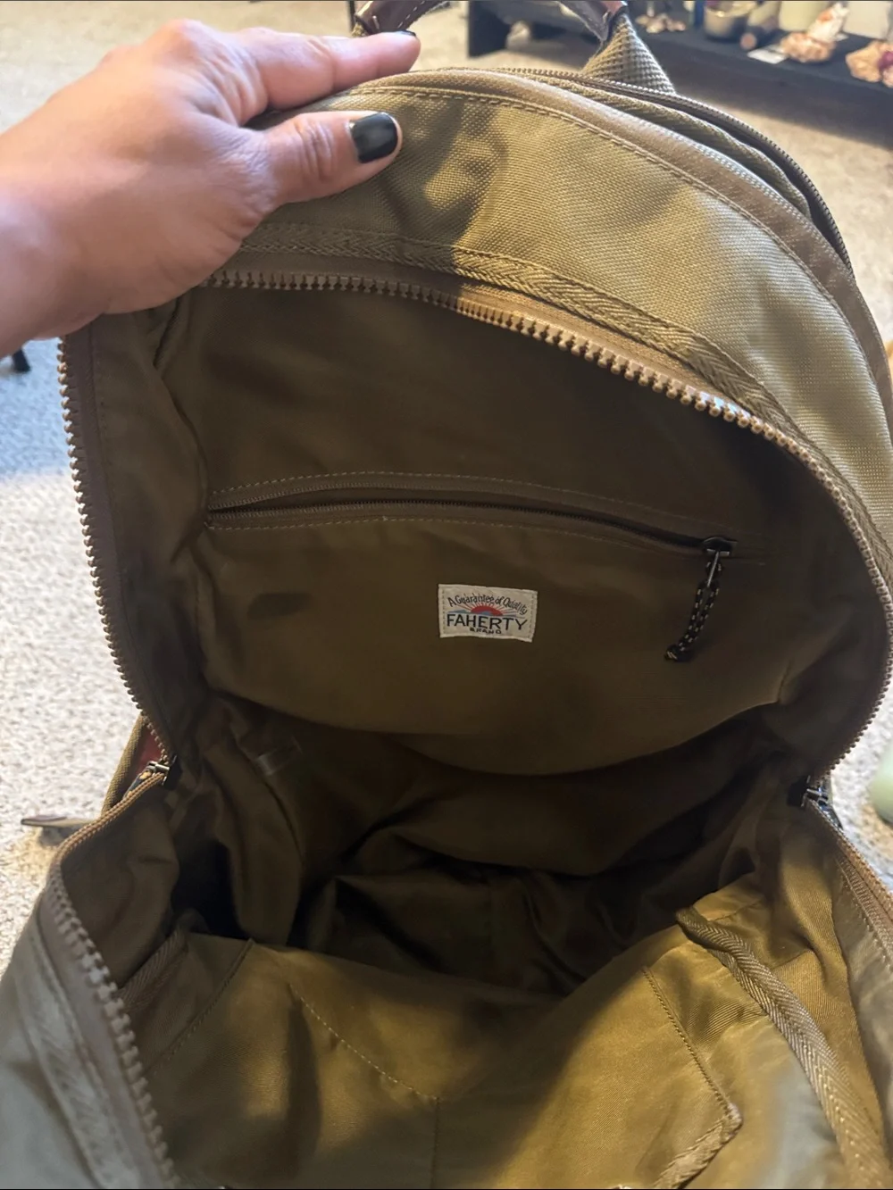 Faherty Olive Brown Backpack with Patch Logo